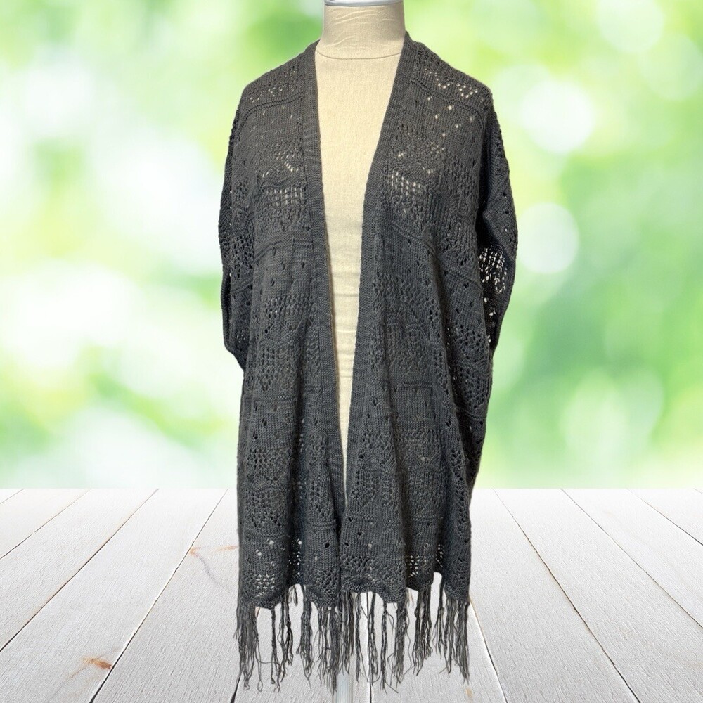 Crochet Knit Vest Open Front Fringe Lagenlook Boho Gray Festival Layering Size L
